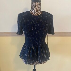 AQUA Navy Gold Metallic Stripe Smocked Peplum Top Women's Size S‎ Short Sleeve